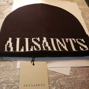 NEW W/TAGS ALLSAINTS black w/white  logo cotton, and one size fits all beanie